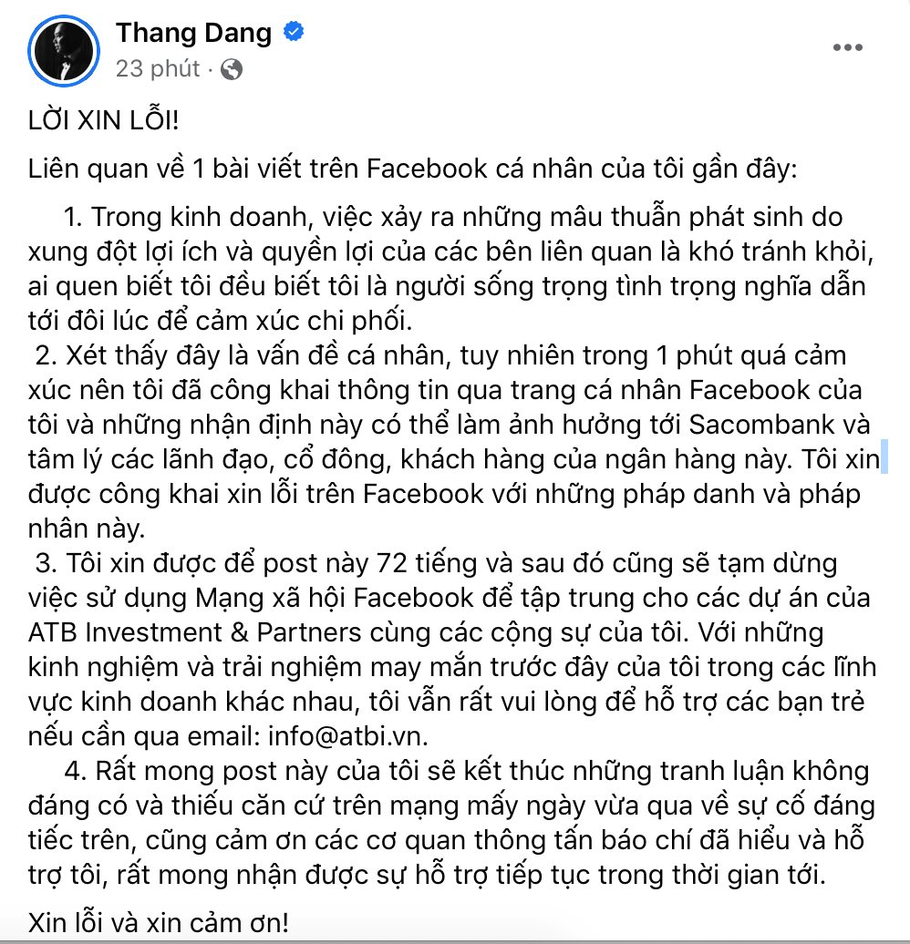 Bị Sacombank tố đưa tin sai sự thật, Facebook Thang Dang treo post xin lỗi trong 72 giờ và tạm dừng dùng Mạng xã hội - Ảnh 1.