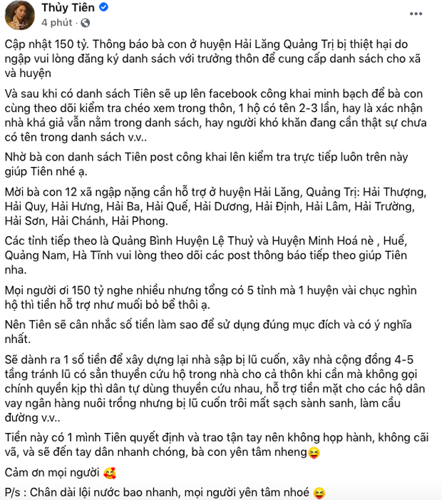 Thuỷ Tiên công khai số tiền kêu gọi chạm mốc 150 tỷ đồng, thông báo cụ thể kế hoạch cứu trợ miền Trung - Ảnh 1.