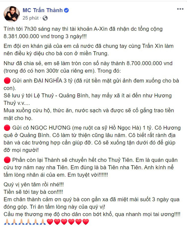 Đại diện Thuỷ Tiên nói gì về nghi vấn số tiền 4,7 tỷ đồng Trấn Thành chuyển khoản? - Ảnh 1.