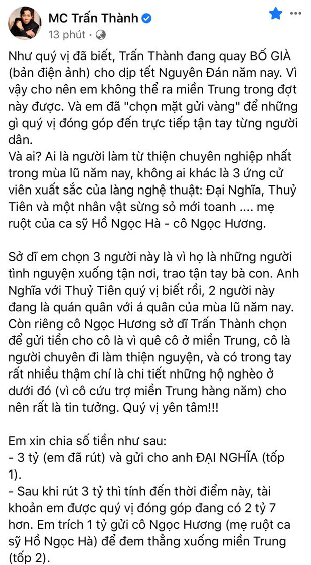 Đại diện Thuỷ Tiên nói gì về nghi vấn số tiền 4,7 tỷ đồng Trấn Thành chuyển khoản? - Ảnh 2.