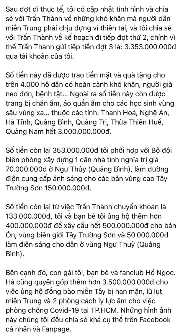  Mẹ Hà Hồ cuối cùng đã nói rõ về chuyện Trấn Thành chuyển 6,45 tỷ tiền cứu trợ miền Trung kèm hình ảnh, thông tin minh bạch - Ảnh 2.