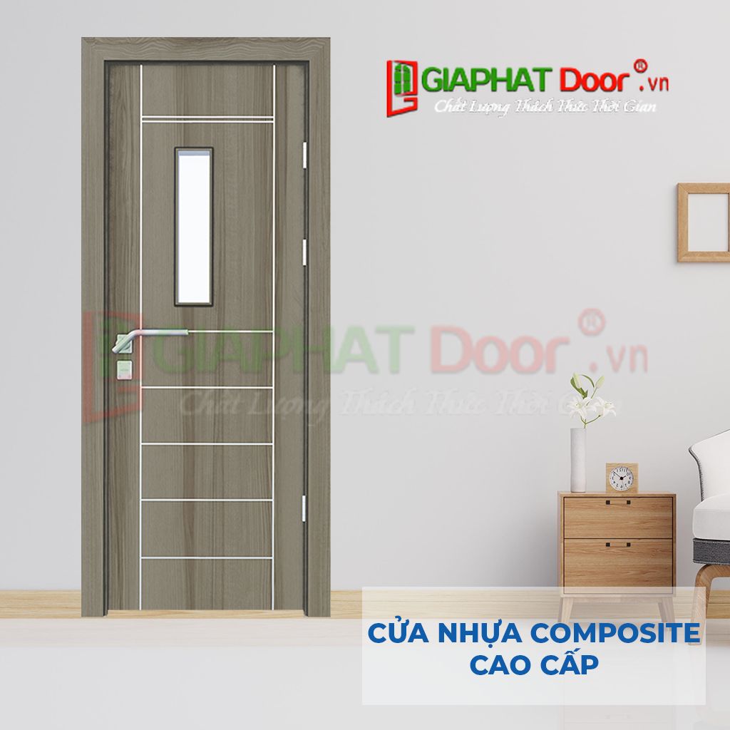 Mẫu cửa nhựa composite có chỉ trang trí có kính