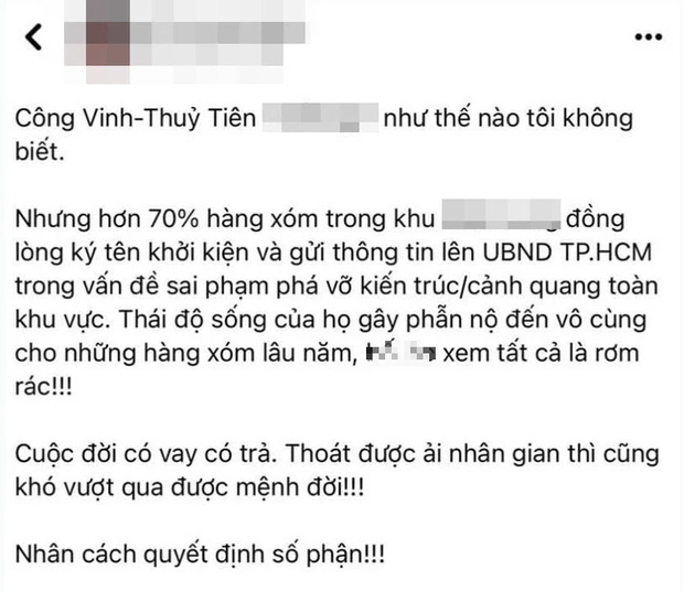 Rầm rộ tin vợ chồng Thuỷ Tiên - Công Vinh bị 70% hàng xóm đồng lòng khởi kiện? - Ảnh 1.