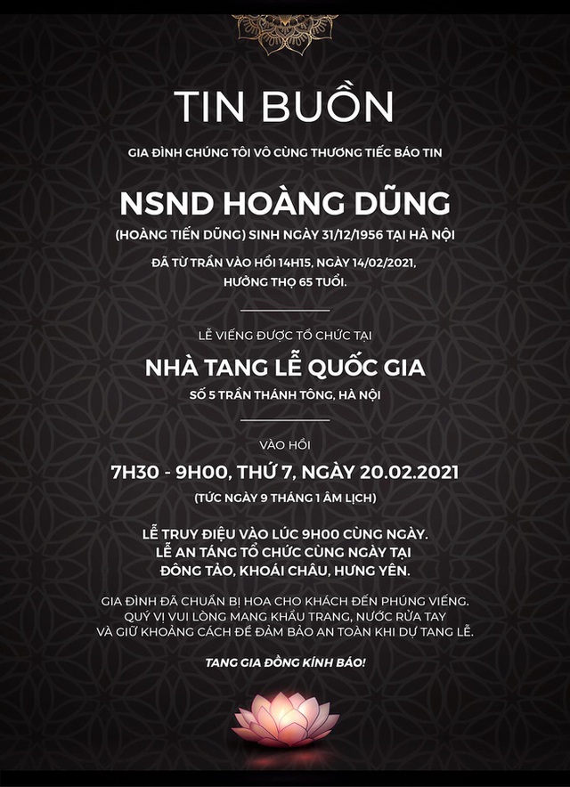 Gia đình đăng tải cáo phó của NSND Hoàng Dũng, lưu ý đặc biệt với khách viếng trong thời điểm dịch Covid-19 - Ảnh 1.