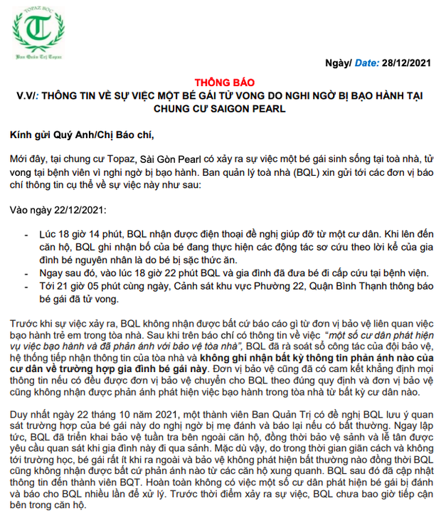 BQL chung cư Saigon Pearl chính thức lên tiếng vụ bé gái 8 tuổi tử vong: Bảo vệ không phát hiện bất thường, không nhận được phản ánh nào - Ảnh 1.