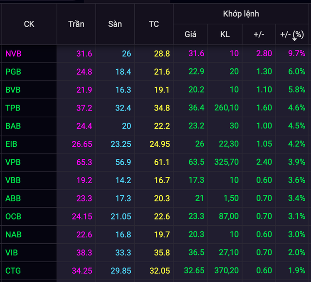 Cổ phiếu ngân hàng đồng loạt tăng mạnh, NVB tăng trần 9,7%, khối ngoại mua ròng MBB, CTG, STB - Ảnh 1.